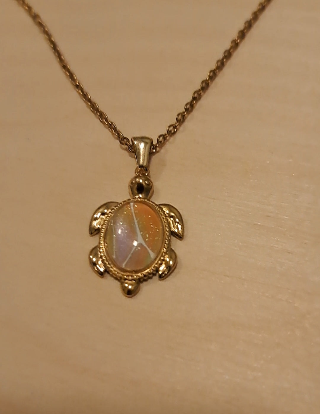 Glow-in-the-Dark Gold Turtle Necklace – Hand-Painted Coastal Jewelry #1001