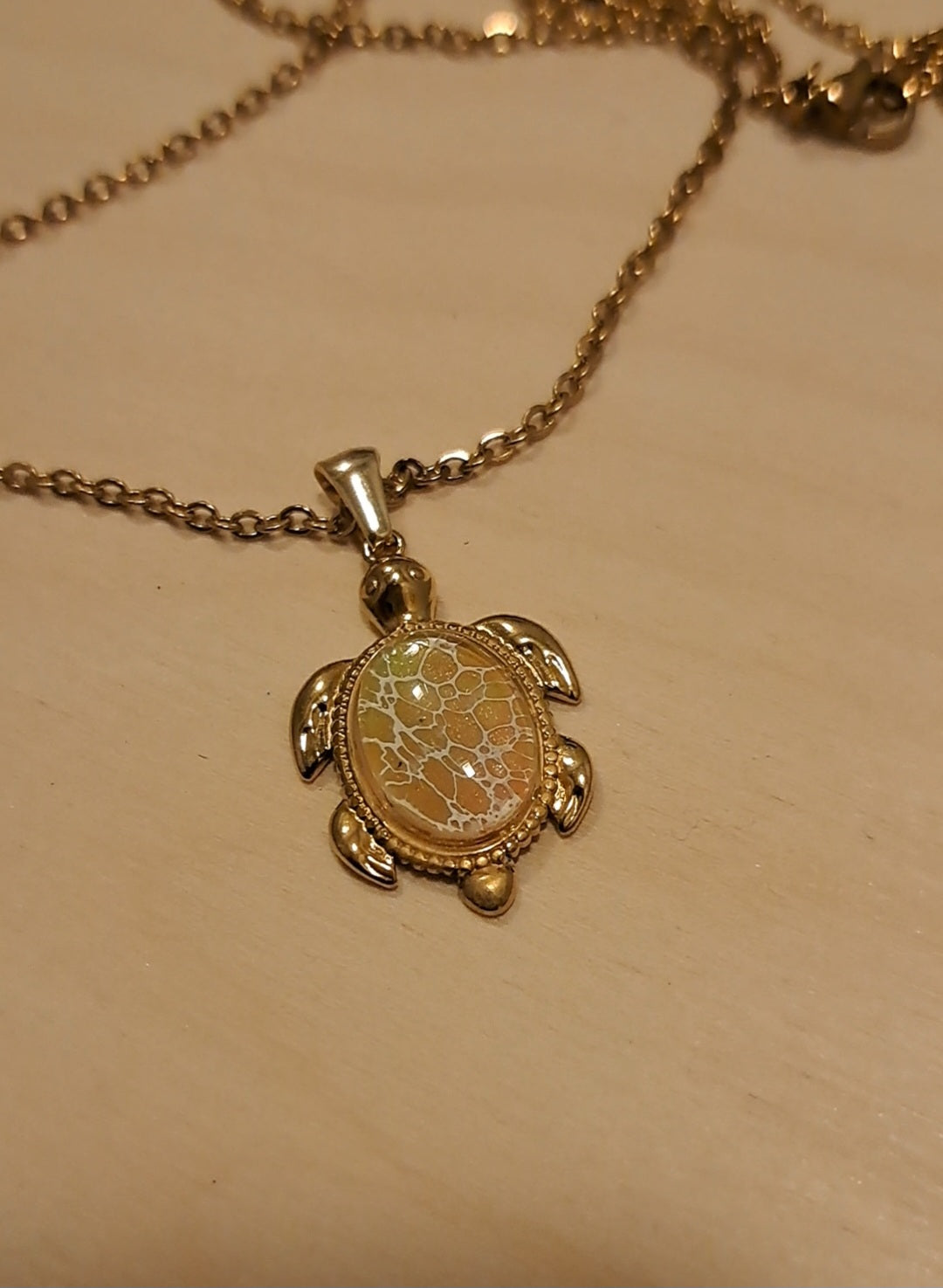 Glow-in-the-Dark Gold Turtle Necklace – Hand-Painted Coastal Jewelry #1002
