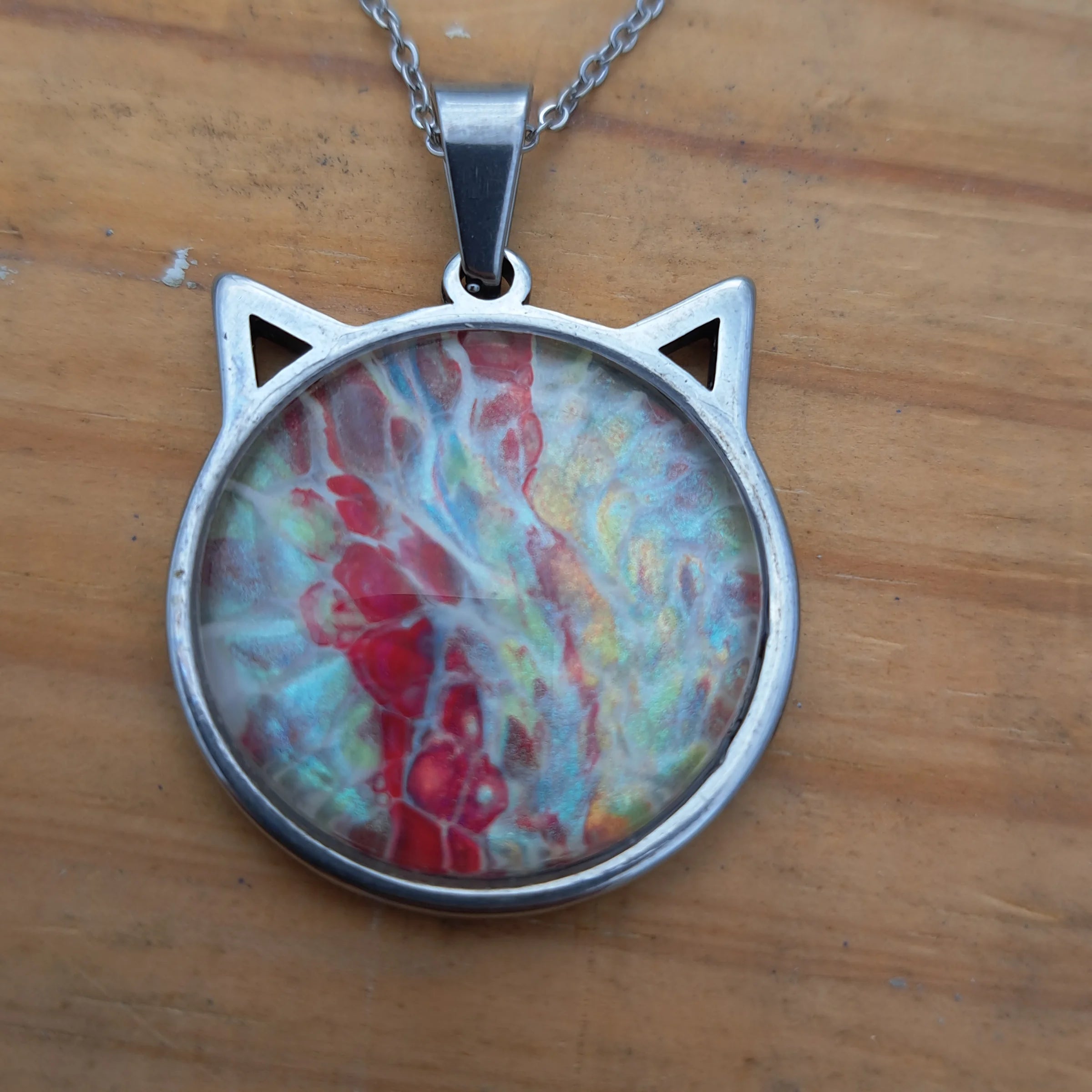 Hand Painted Cat Necklace - Colorful Whimsical Pendant