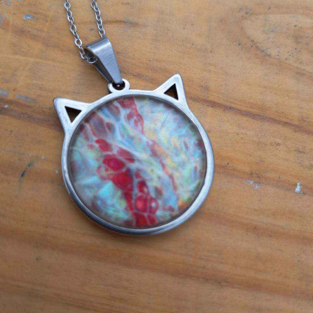 Hand Painted Cat Necklace - Colorful Whimsical Pendant