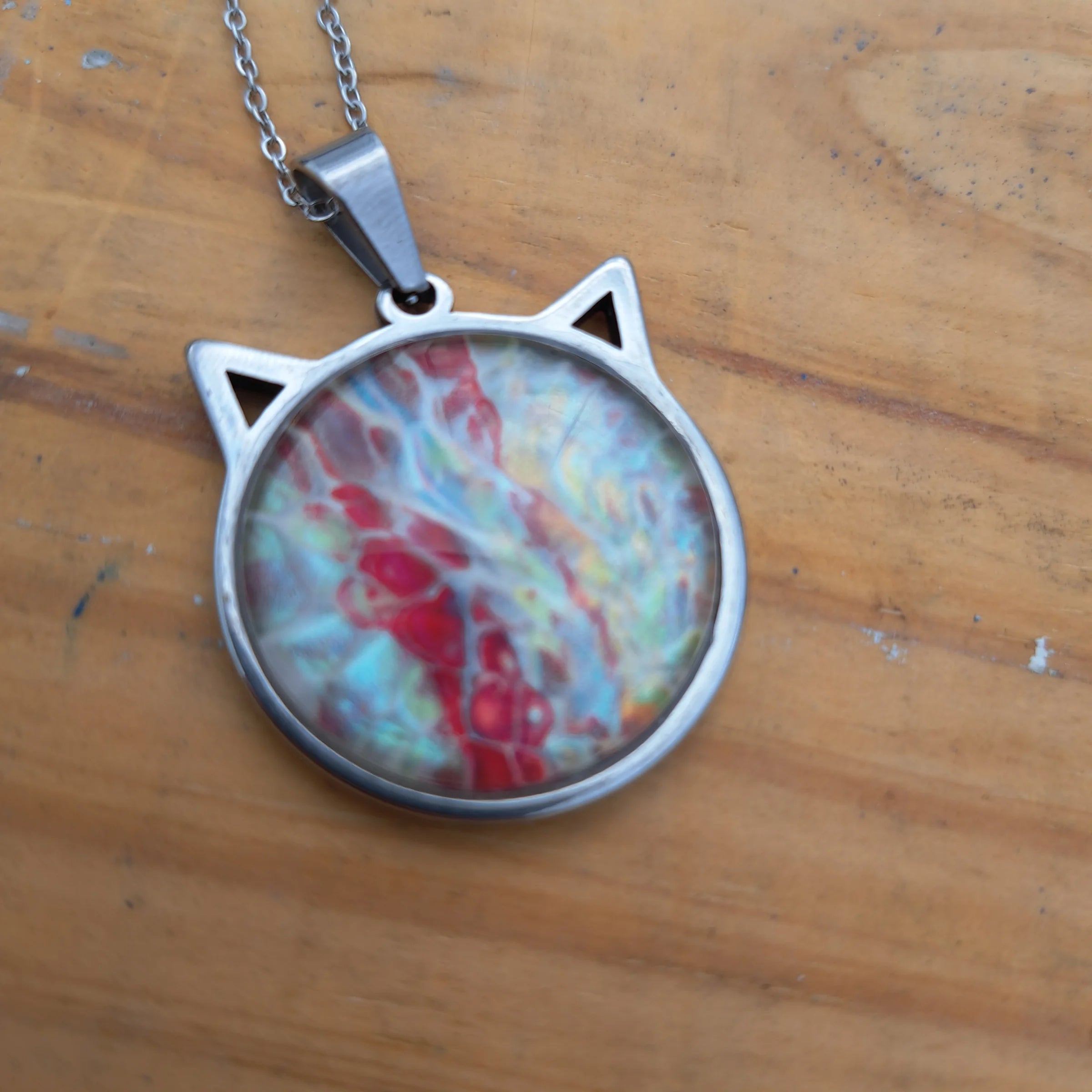 Hand Painted Cat Necklace - Colorful Whimsical Pendant