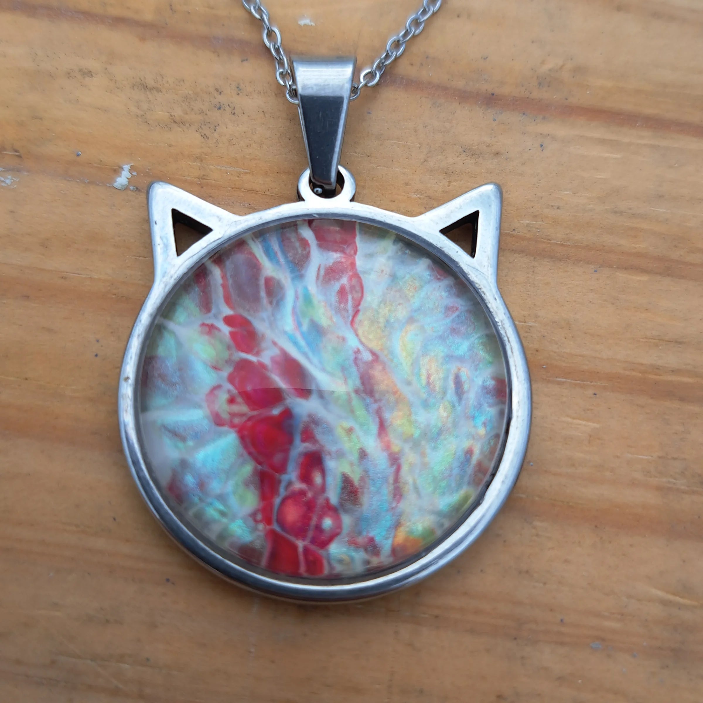 Hand Painted Cat Necklace - Colorful Whimsical Pendant