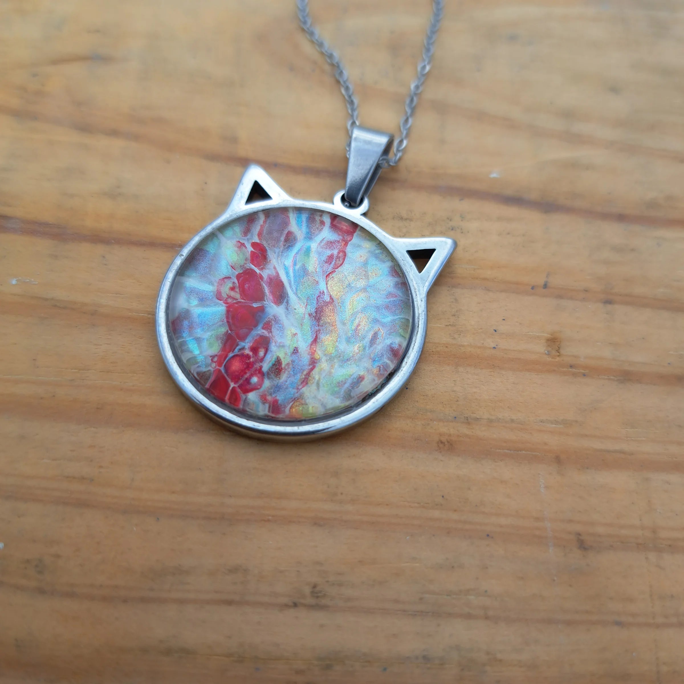 Hand Painted Cat Necklace - Colorful Whimsical Pendant