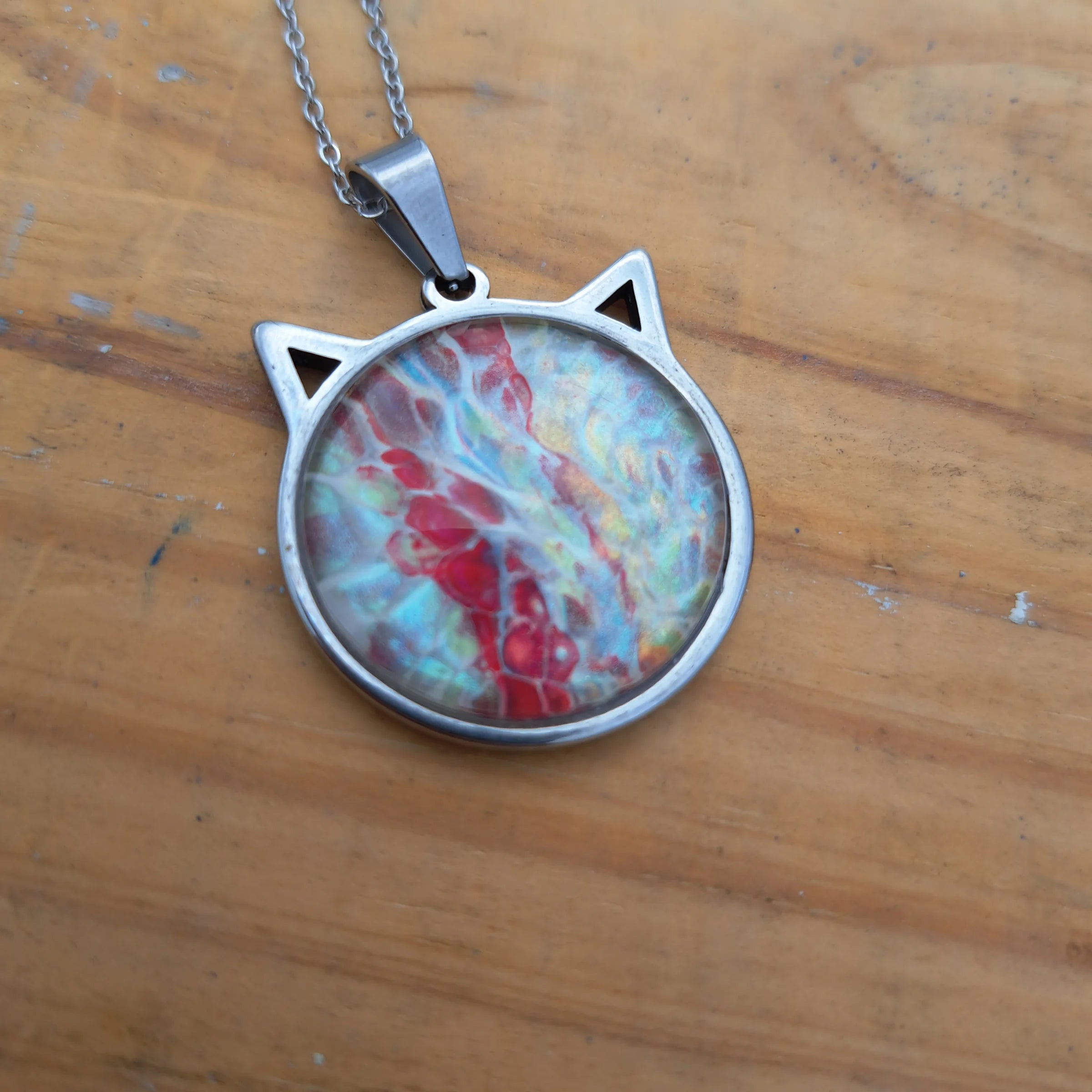 Hand Painted Cat Necklace - Colorful Whimsical Pendant