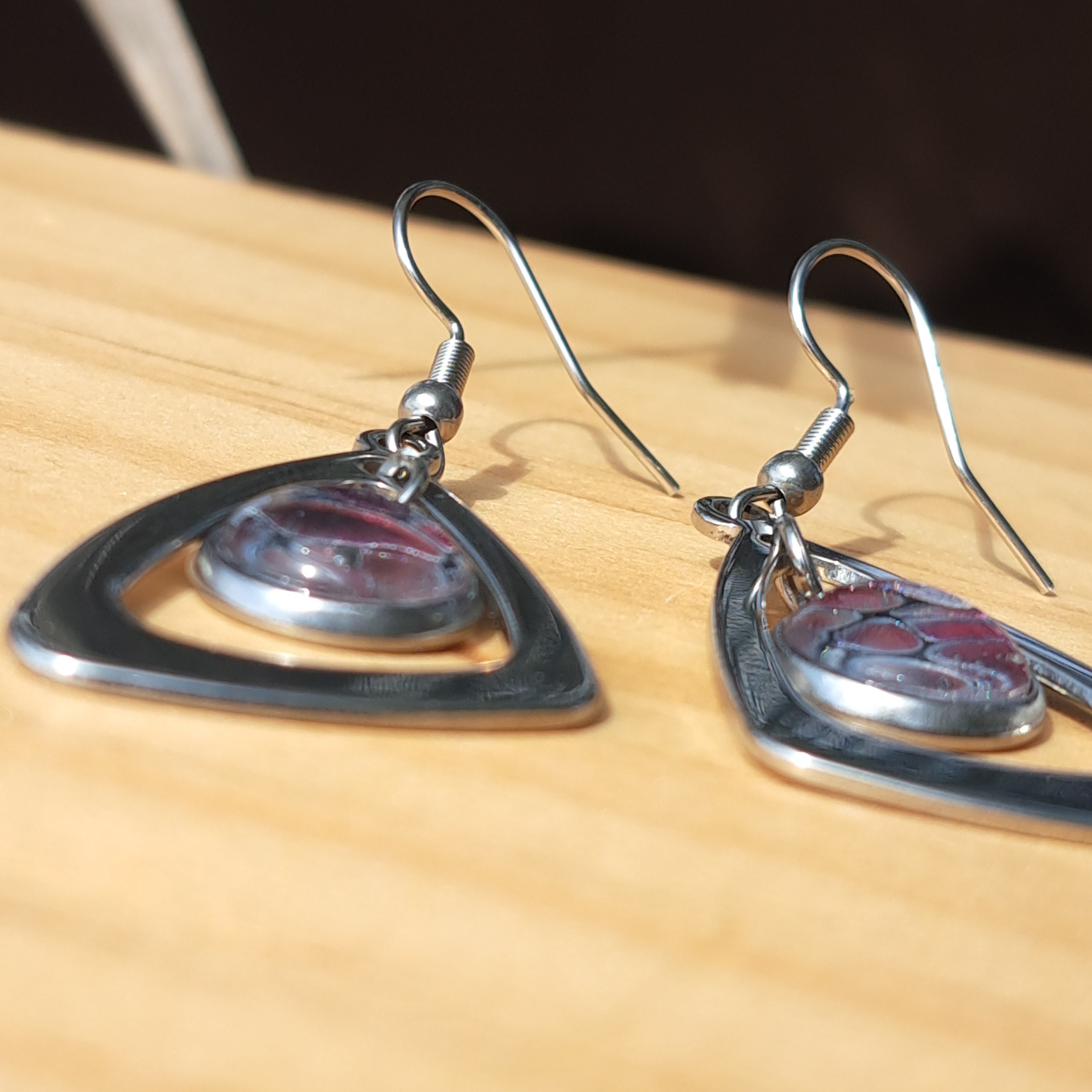 E1001 Painted Pink, Purple, and Silver Triangle Earrings