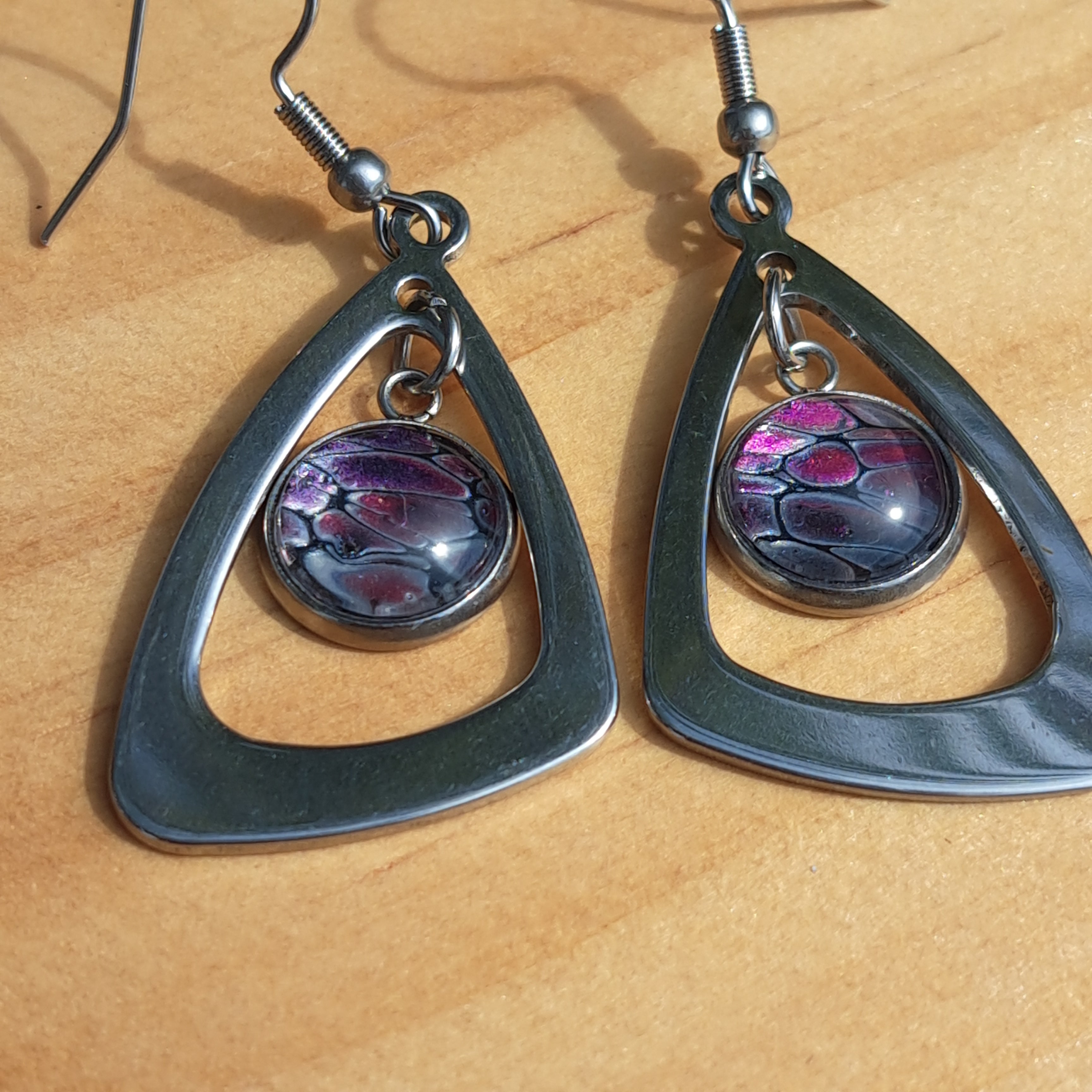 E1001 Painted Pink, Purple, and Silver Triangle Earrings