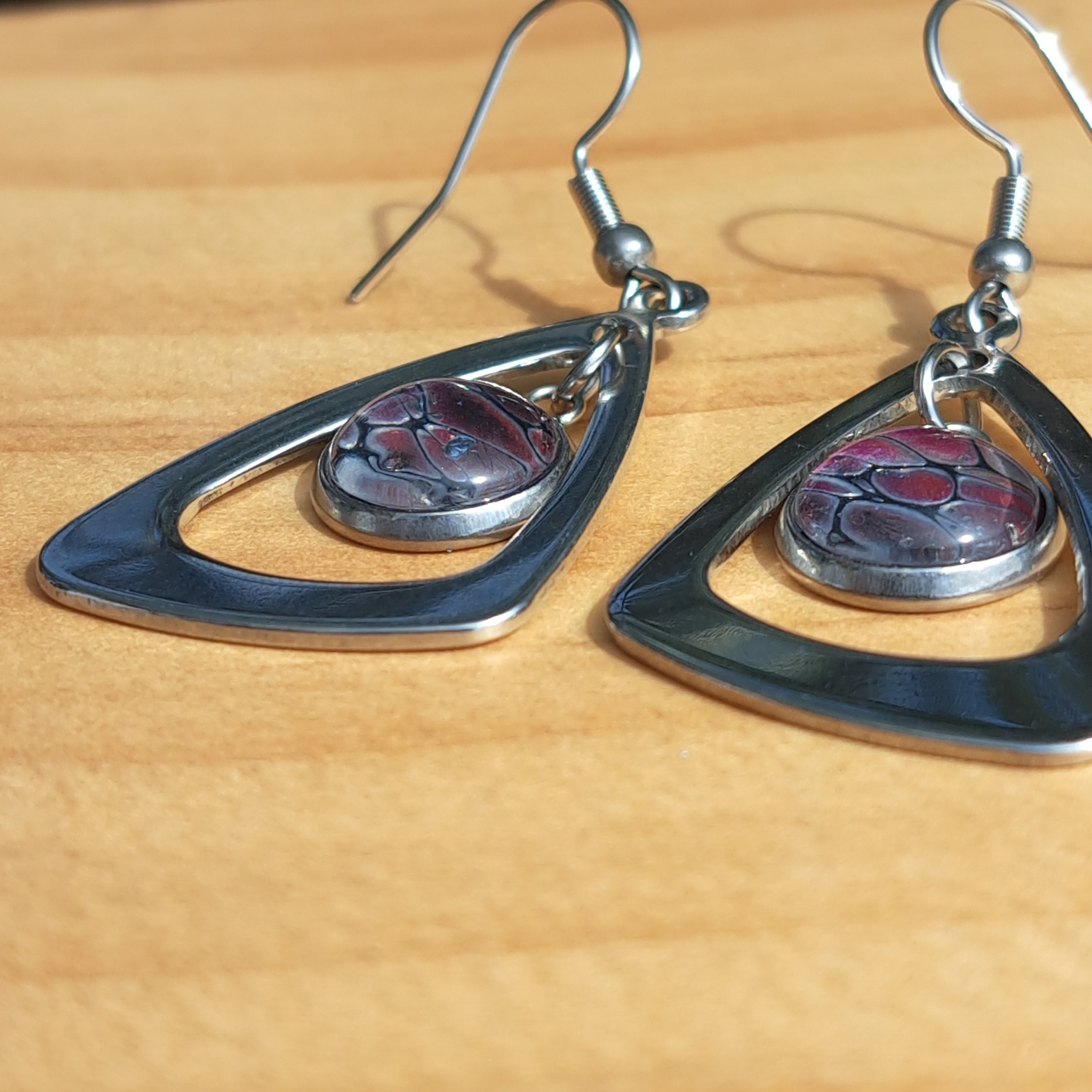 E1001 Painted Pink, Purple, and Silver Triangle Earrings