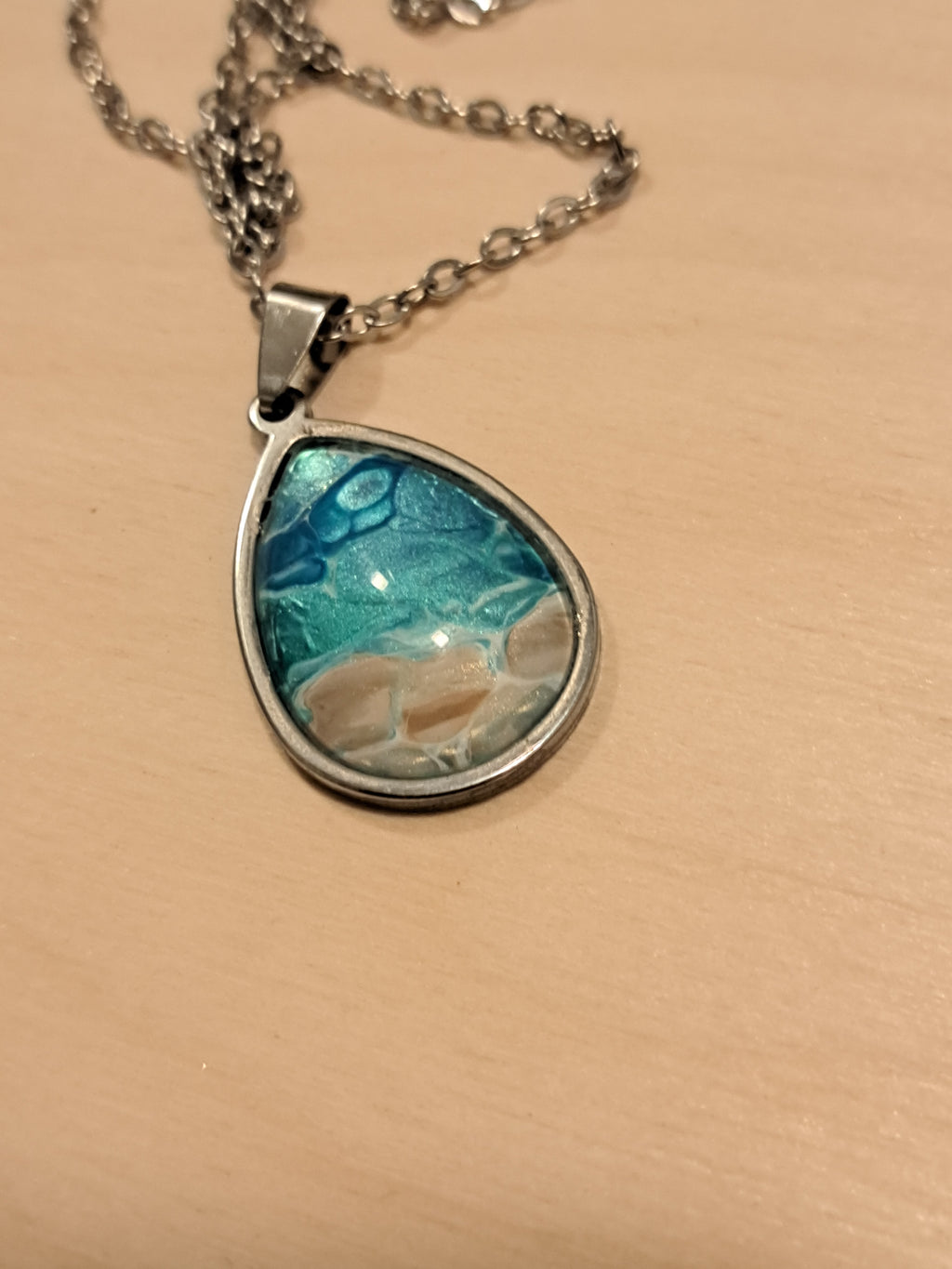 Turquoise Beach Teardrop Necklace – Hand-Painted Ocean Pendant #P1019