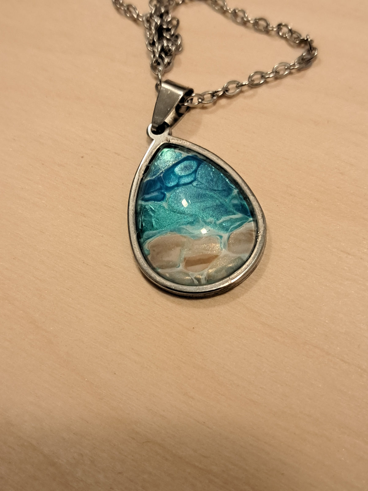 Turquoise Beach Teardrop Necklace – Hand-Painted Ocean Pendant #P1019