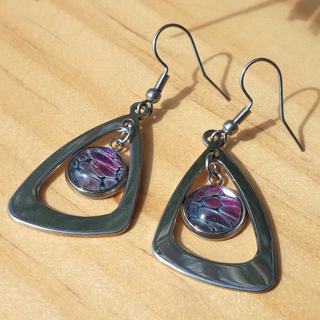 E1001 Painted Pink, Purple, and Silver Triangle Earrings