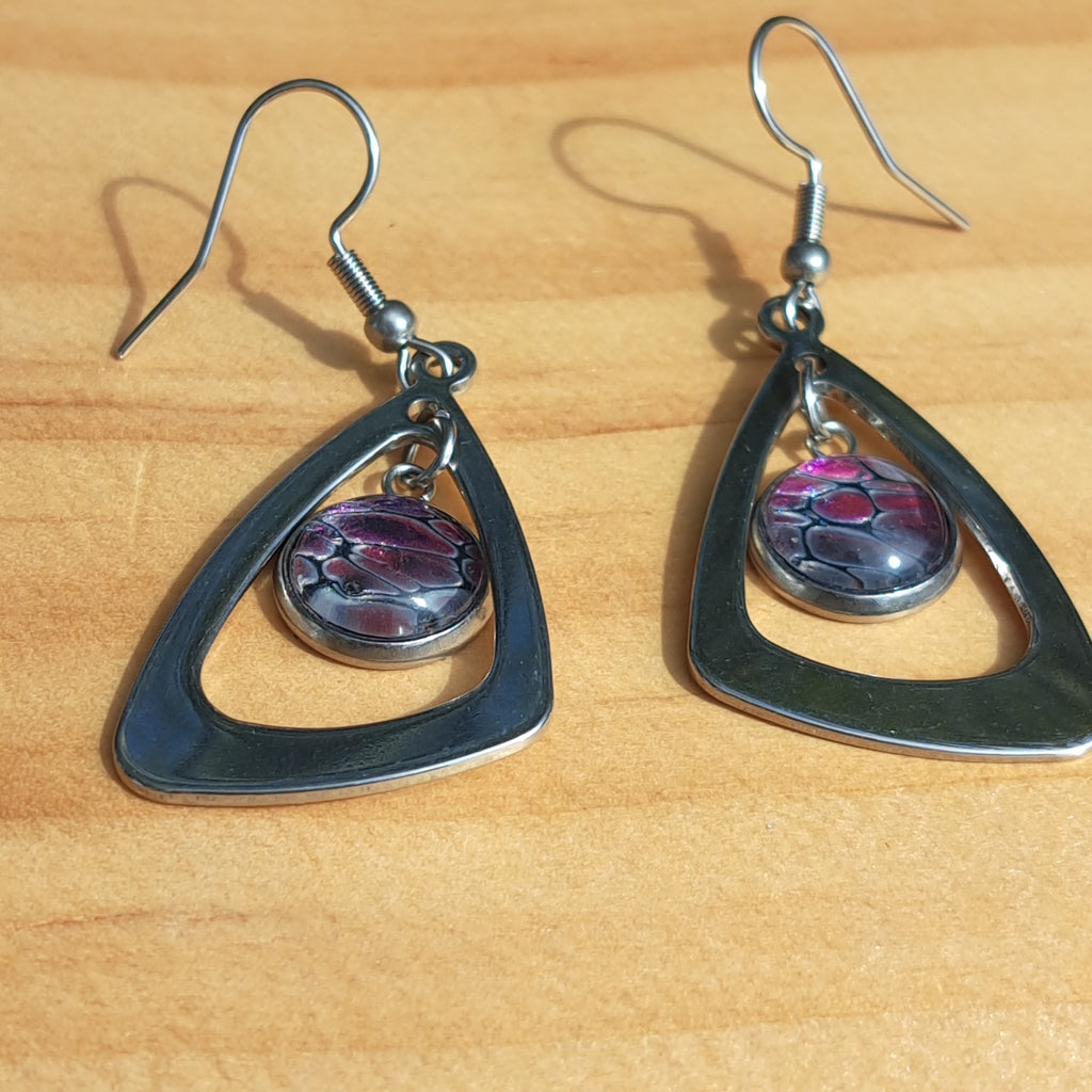 E1001 Painted Pink, Purple, and Silver Triangle Earrings