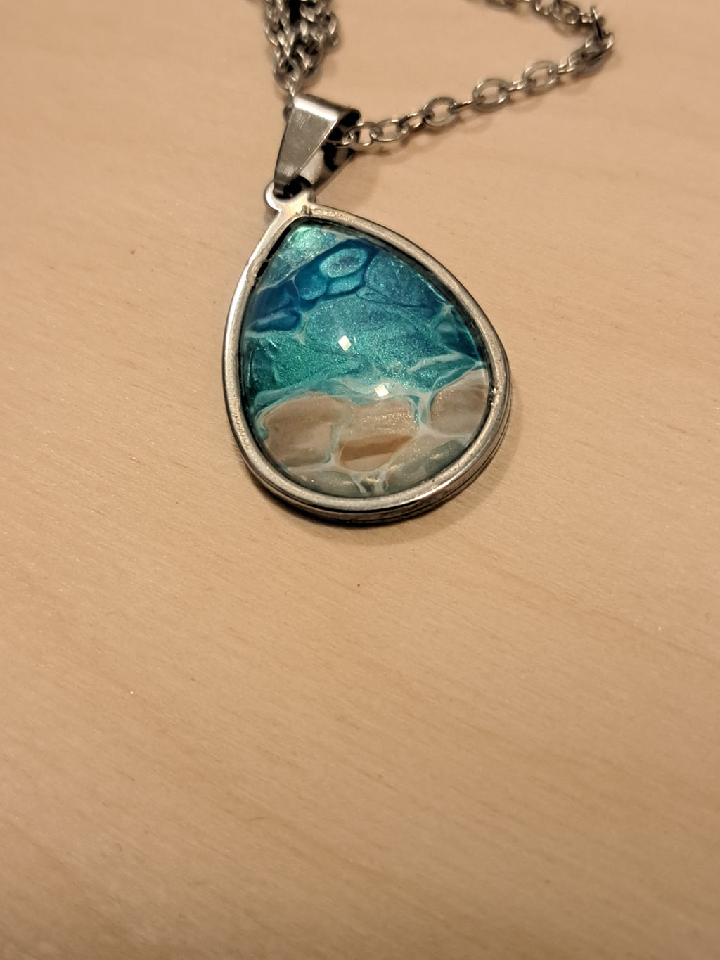 Turquoise Beach Teardrop Necklace – Hand-Painted Ocean Pendant #P1019