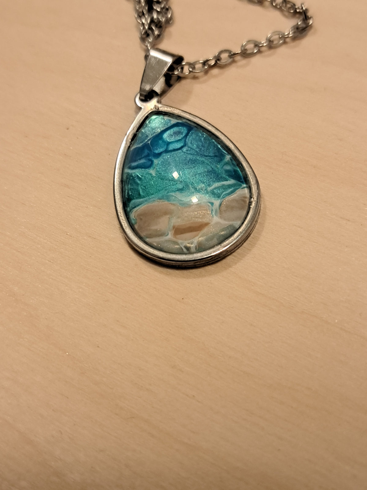 Turquoise Beach Teardrop Necklace – Hand-Painted Ocean Pendant #P1019