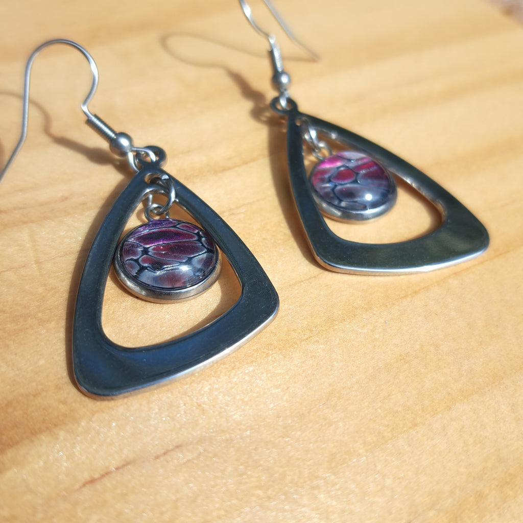 E1001 Painted Pink, Purple, and Silver Triangle Earrings