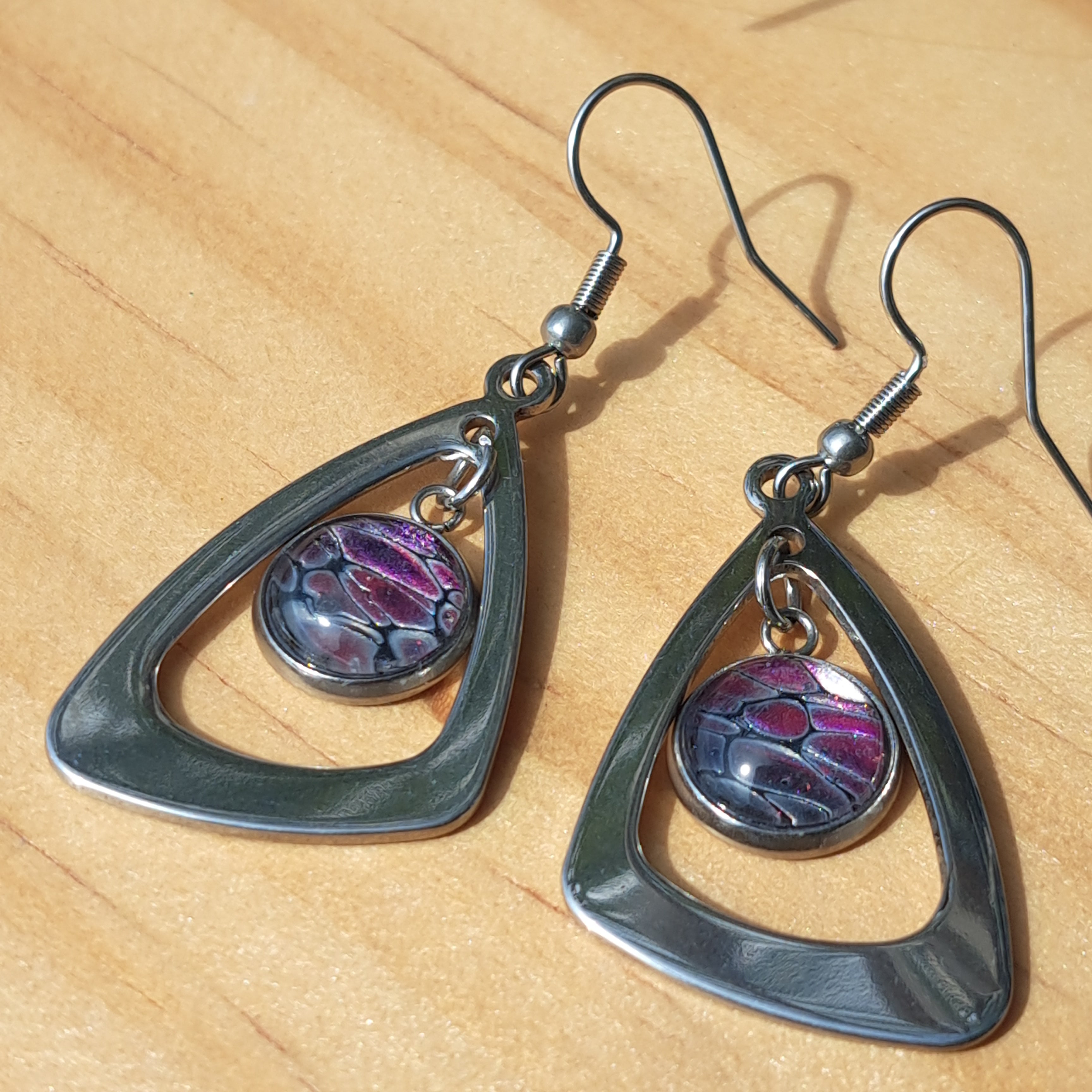 E1001 Painted Pink, Purple, and Silver Triangle Earrings