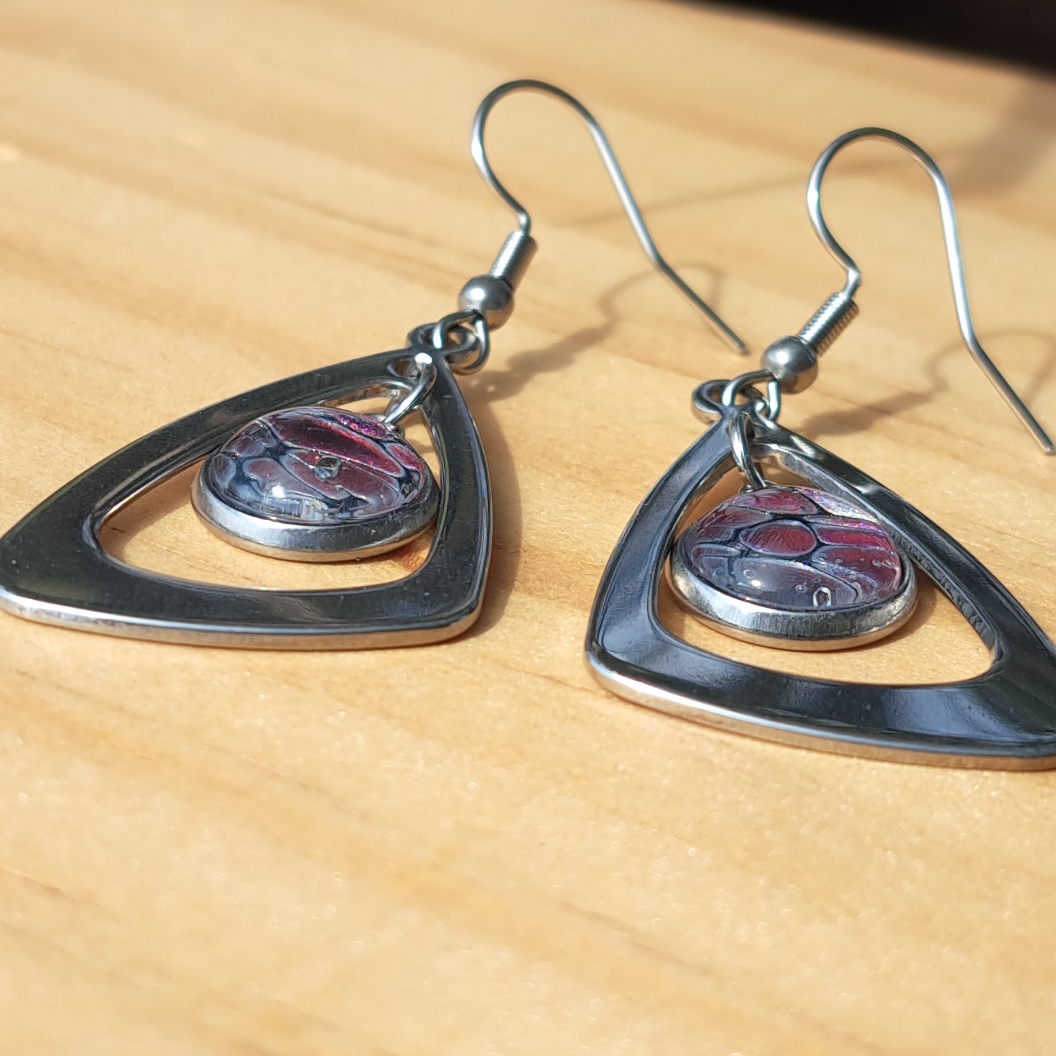 E1001 Painted Pink, Purple, and Silver Triangle Earrings