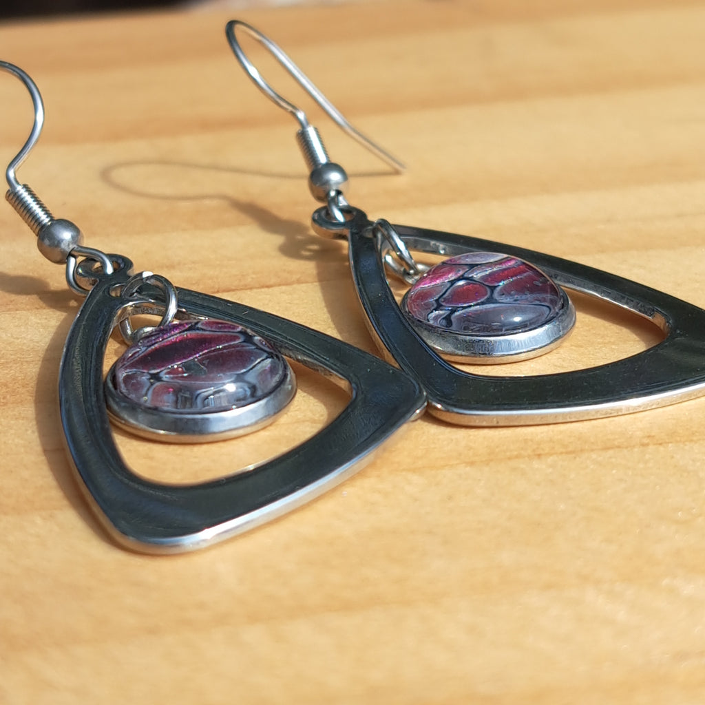 E1001 Painted Pink, Purple, and Silver Triangle Earrings