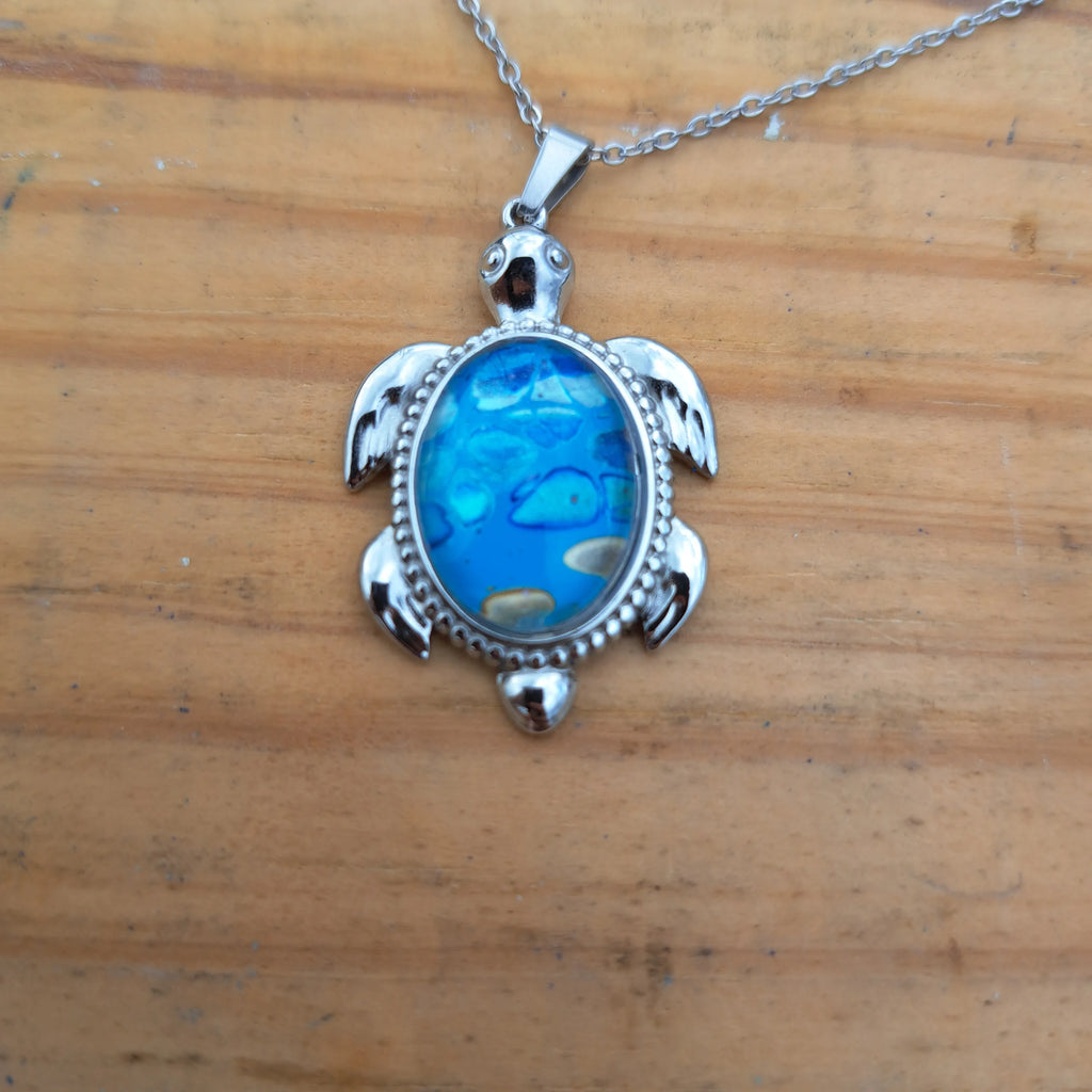 Blue Turtle Pendant - Ocean Inspired Stainless Steel Necklace